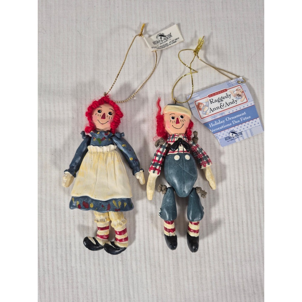 Kurt S Adler Raggedy Ann and Andy Holiday Ornament Set Resin Red Yarn Hair 1998